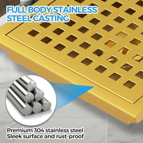 Zaa 6 Inch Square Shower Drain Kit with Gold Hair Strainer