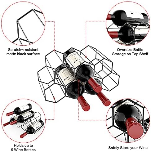 Handisen 9 Bottle Freestanding Wine Rack Black Metal Honeycomb Storage Stand