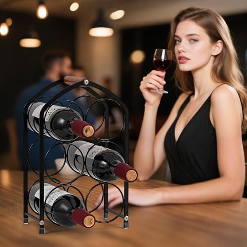 Tocemei 6-Bottle Tabletop Wine Rack with Wood Handle Arched Design Black
