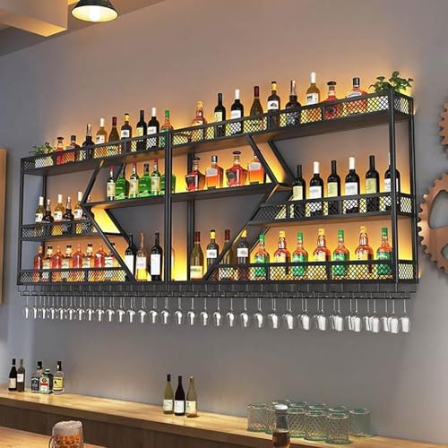 RAJYQODIS Wall-Mounted Wine Rack with Glass Holder 3-Tier Black Diamond Design