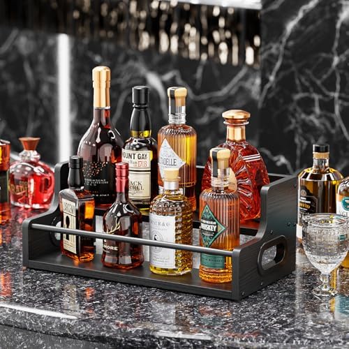 KLM Distressed Wooden Liquor Display Shelf 2-Tier Bar Organizer Black