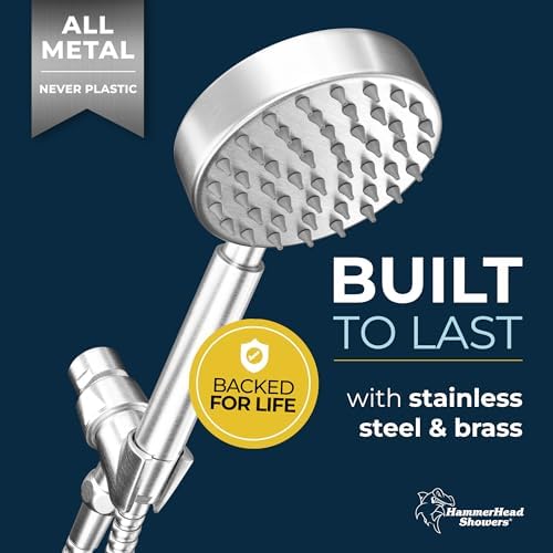 HammerHead Showers All Metal Handheld Shower Head with Hose and Brass Holder