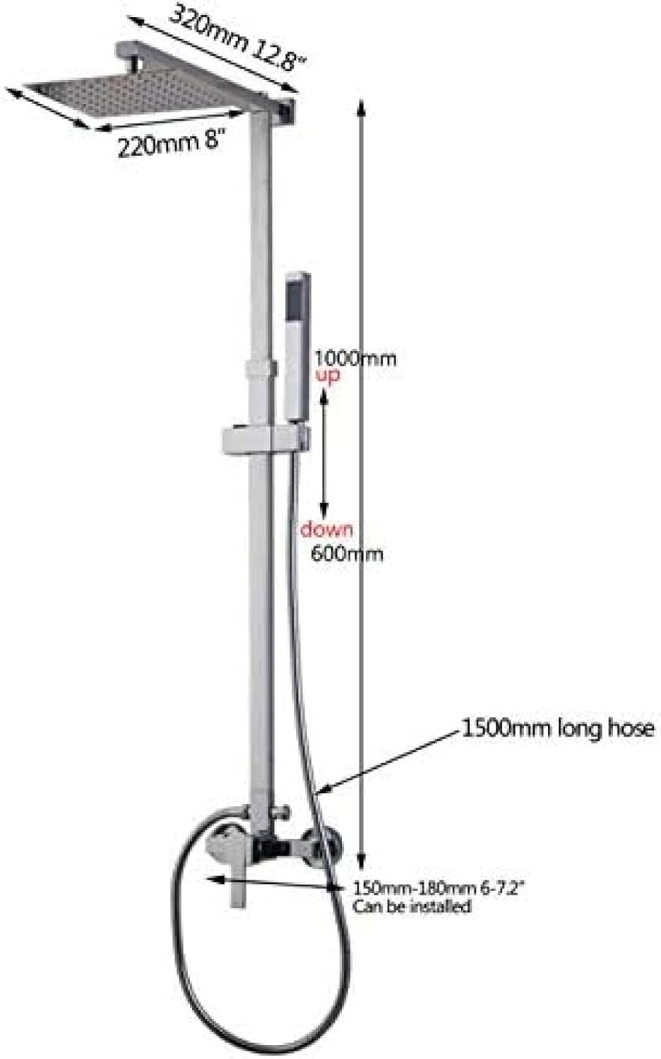 Chrome Finish Wall Mount 8 Inch Rain Shower Set with Adjustable Height