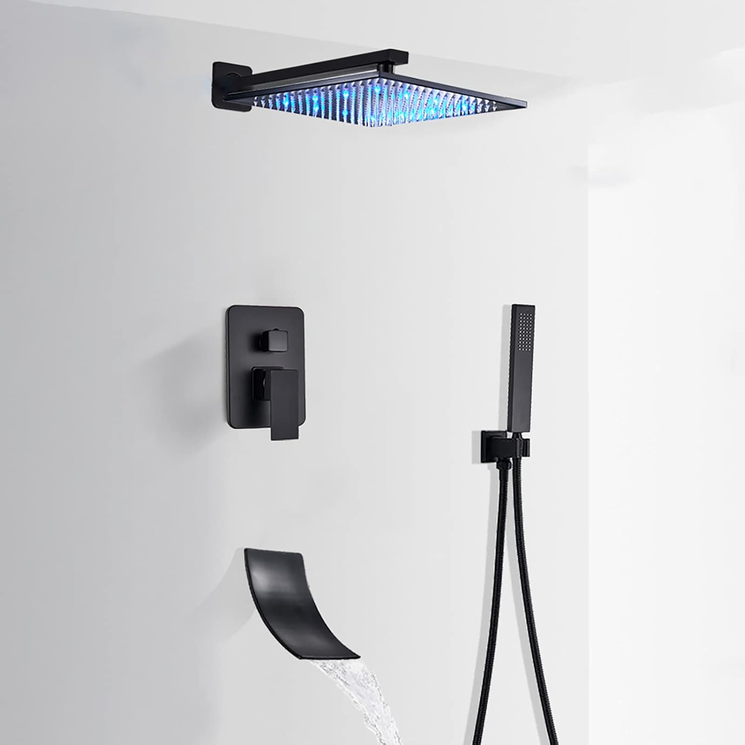 Black LED Shower Head Set with Waterfall Tub Spout and Handheld Shower