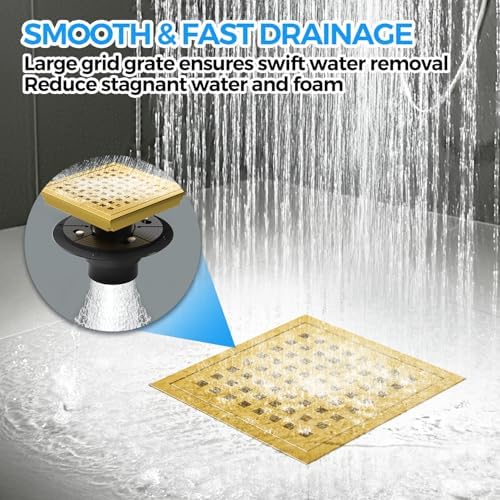 Zaa 6 Inch Square Shower Drain Kit with Gold Hair Strainer