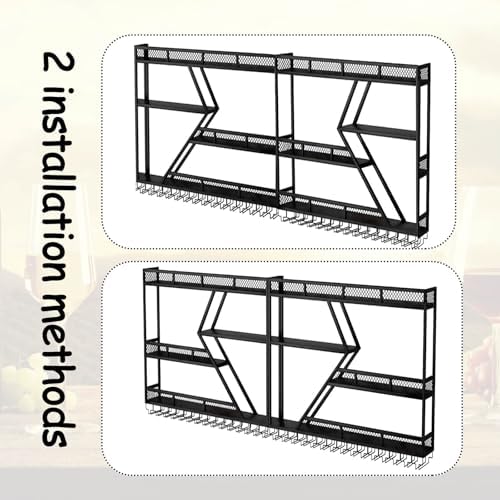 RAJYQODIS Wall-Mounted Wine Rack with Glass Holder 3-Tier Black Diamond Design