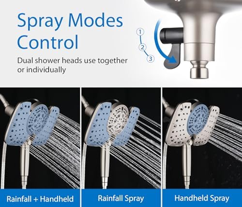 INAVAMZ 25GPM Nickel Shower Head with Handheld 10 Spray Settings