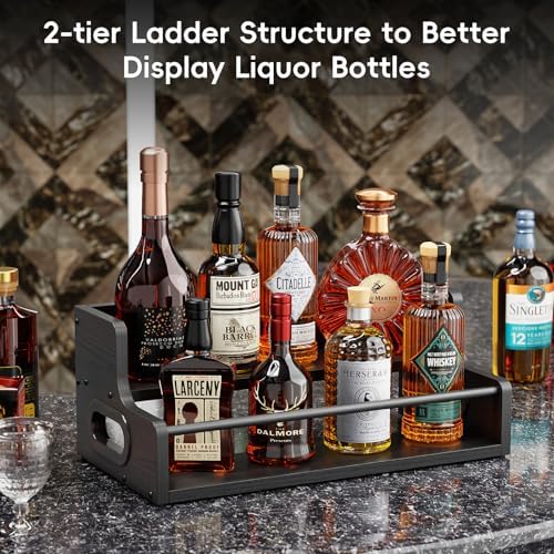 KLM Distressed Wooden Liquor Display Shelf 2-Tier Bar Organizer Black