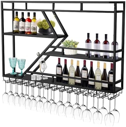 RAJYQODIS Wall-Mounted Wine Rack with Glass Holder 3-Tier Black Diamond Design