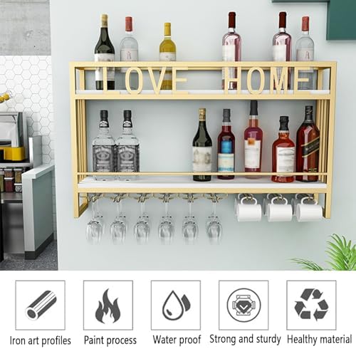 Wall Mounted Wine Rack Black 100cm Metal Holder with Glass Storage Shelves
