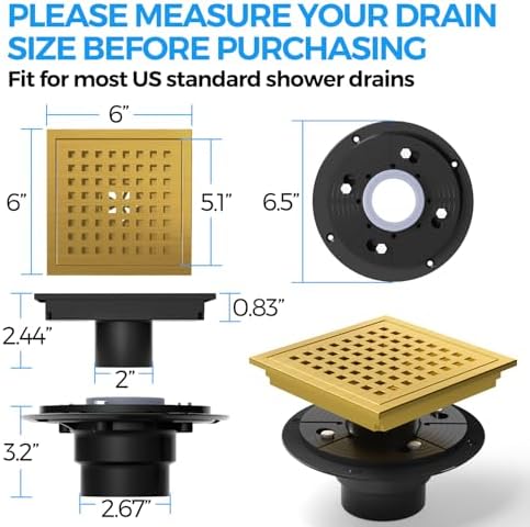 Zaa 6 Inch Square Shower Drain Kit with Gold Hair Strainer