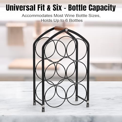 Tocemei 6-Bottle Tabletop Wine Rack with Wood Handle Arched Design Black