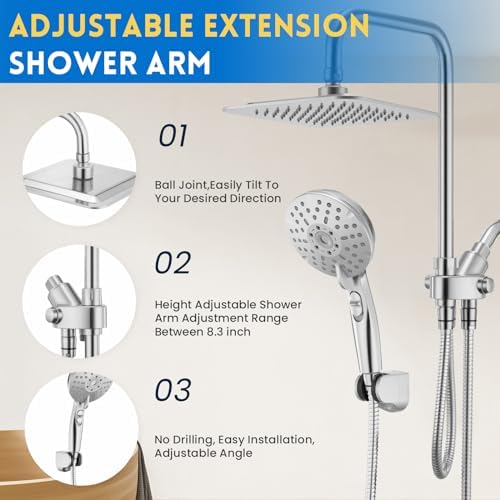 Ryamen Dual Shower Head Combo with 15 Slide Bar 6 Settings Handheld