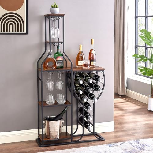 5 Tier Freestanding Wine Rack with 11 Bottle Capacity and Glasses Holder Brown
