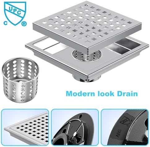 NIREU 6 Inch Square Shower Drain with Chrome Finish