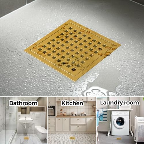 Zaa 6 Inch Square Shower Drain Kit with Gold Hair Strainer