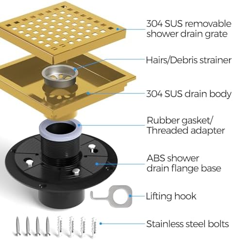 Zaa 6 Inch Square Shower Drain Kit with Gold Hair Strainer