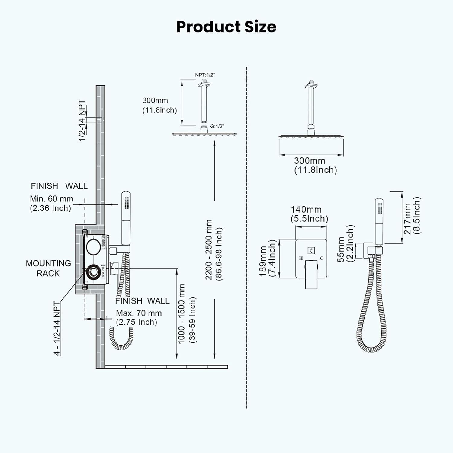 Gotonovo 12 Square Showerhead with 2-in-1 Handheld