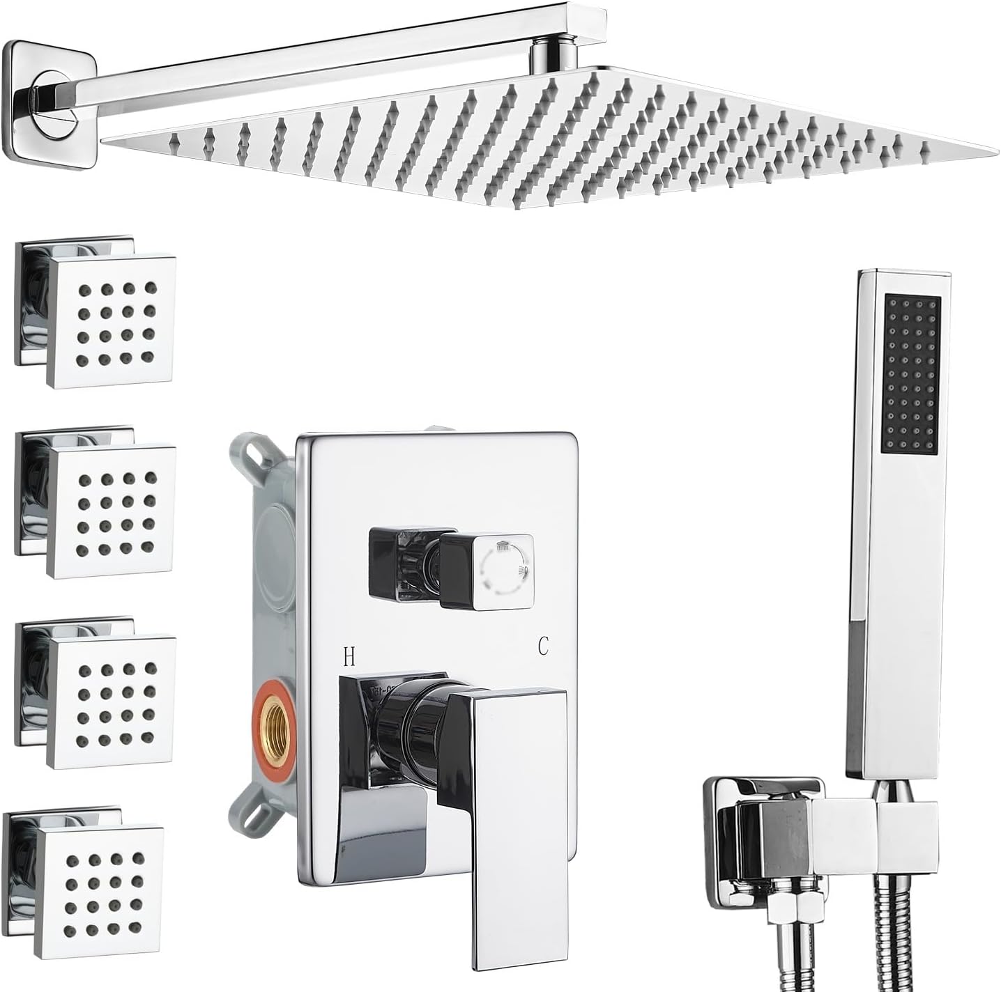 Chrome Shower Faucet Set with Body Jets and Handheld