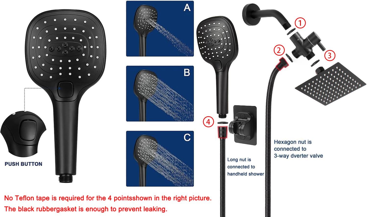 NearMoon Shower Head with 3 Settings and 5ft Hose - Matte Black