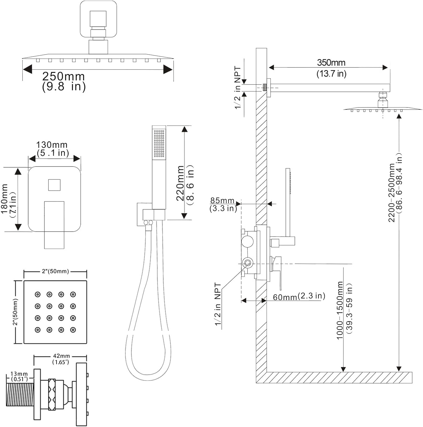 Chrome Shower Faucet Set with Body Jets and Handheld