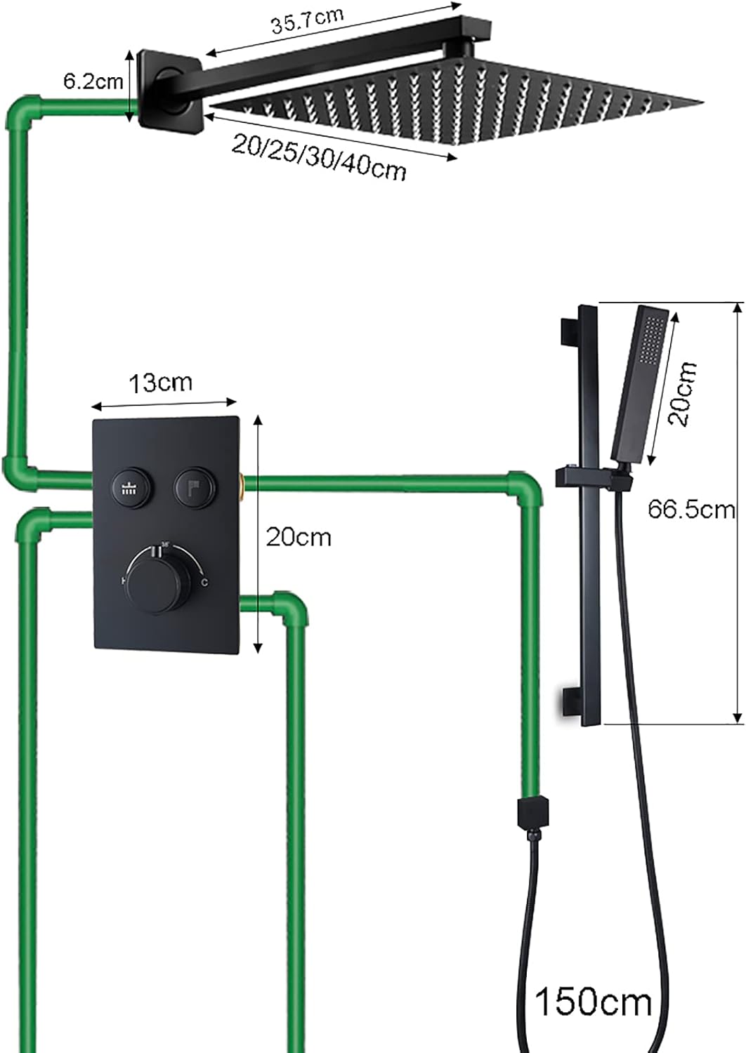Black Thermostatic Shower Faucet Set with Square Head and Handheld