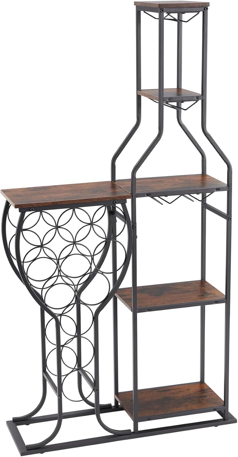 5 Tier Freestanding Wine Rack with 11 Bottle Capacity and Glasses Holder Brown