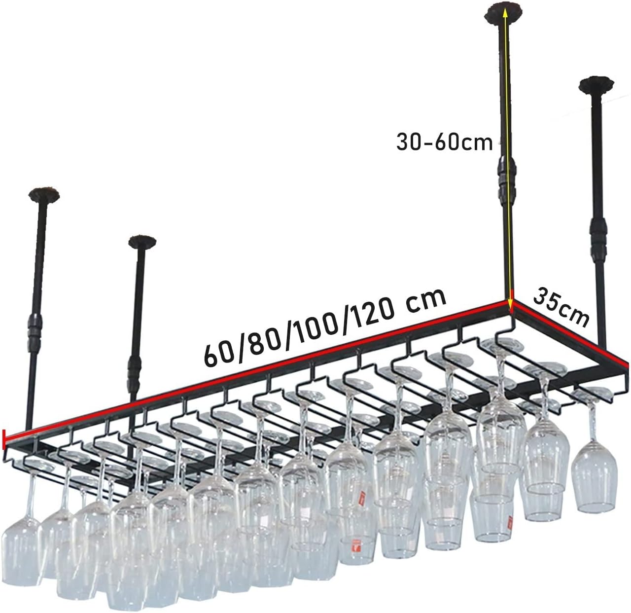 Ceiling Wine Rack with Adjustable Glass Holder Sturdy Metal Design Black 100x35cm
