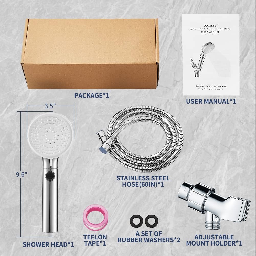 DOILIESE Handheld Shower Head with 3 Modes High Pressure Chrome Finish 60in Hose