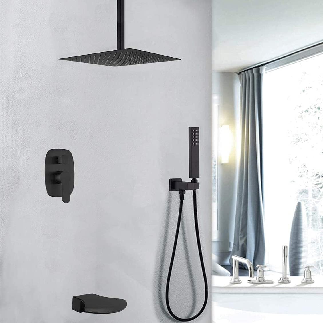 Matte Black Ceiling Mounted Shower System 10-12 Inch Set
