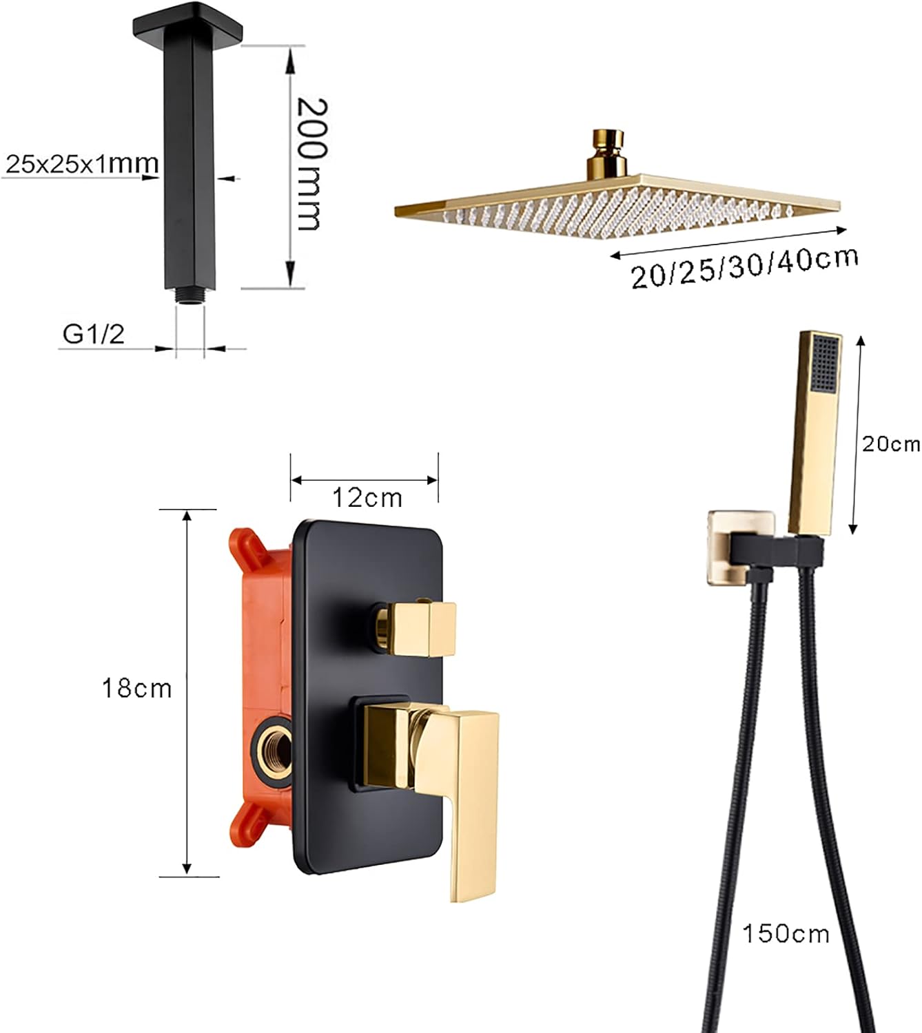 Black Gold Shower Faucet Set with Rain Head and Handheld
