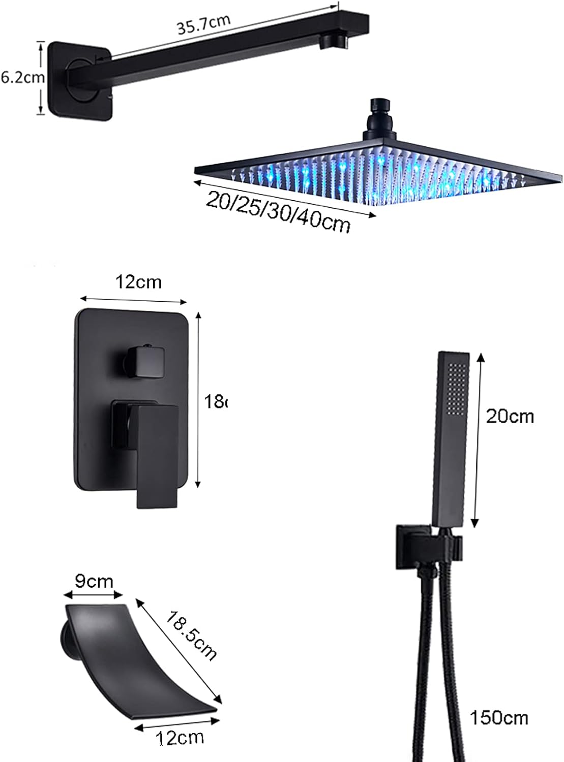 Black LED Shower Head Set with Waterfall Tub Spout and Handheld Shower