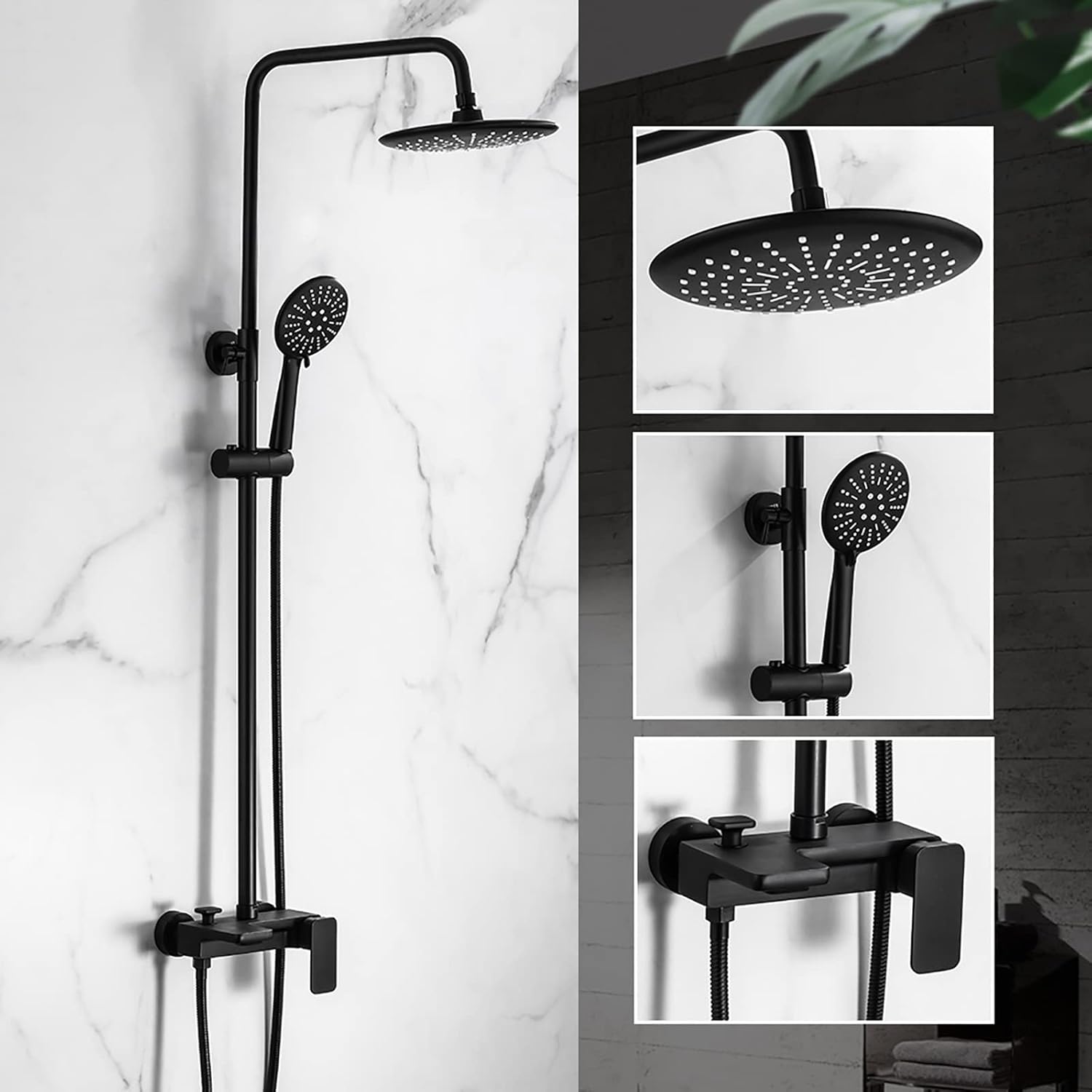 Black Rainfall Shower System Set with Adjustable Handheld and Wall Mounted Faucet