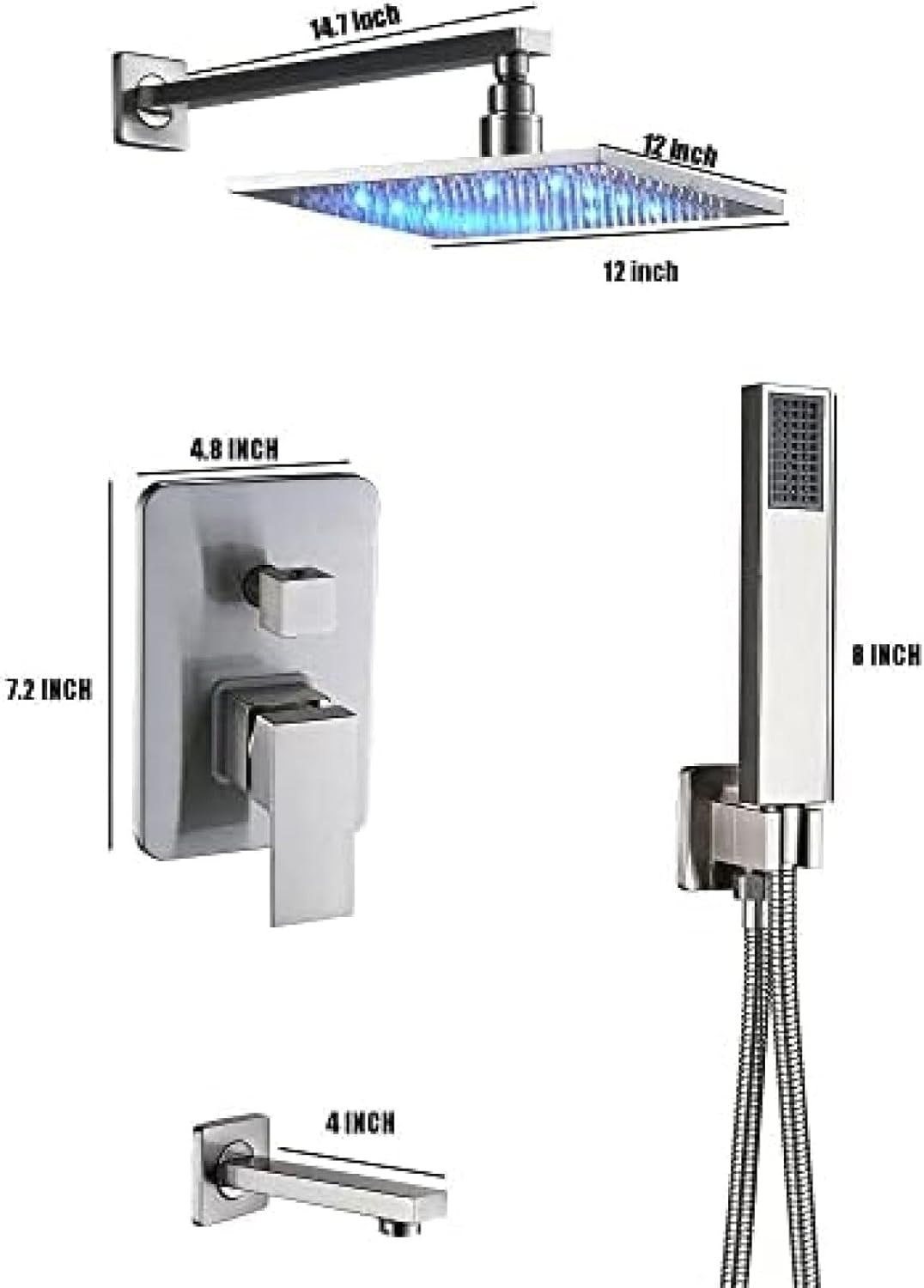 TECKI 12 Inch Brushed Nickel Shower Faucet Set with LED Light