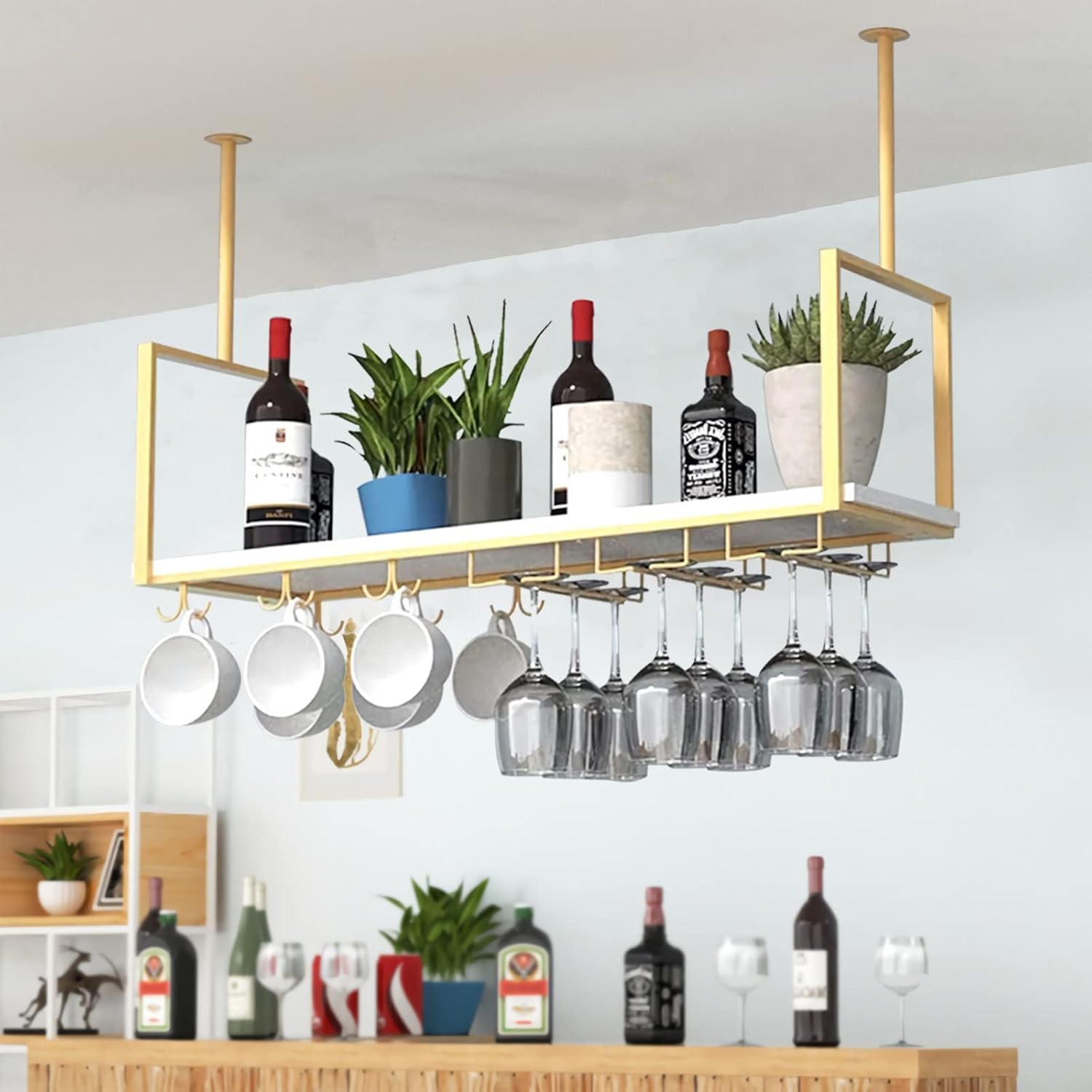 Ceiling Wine Glass Rack - Metal Display Stand with 2 Glass Holders