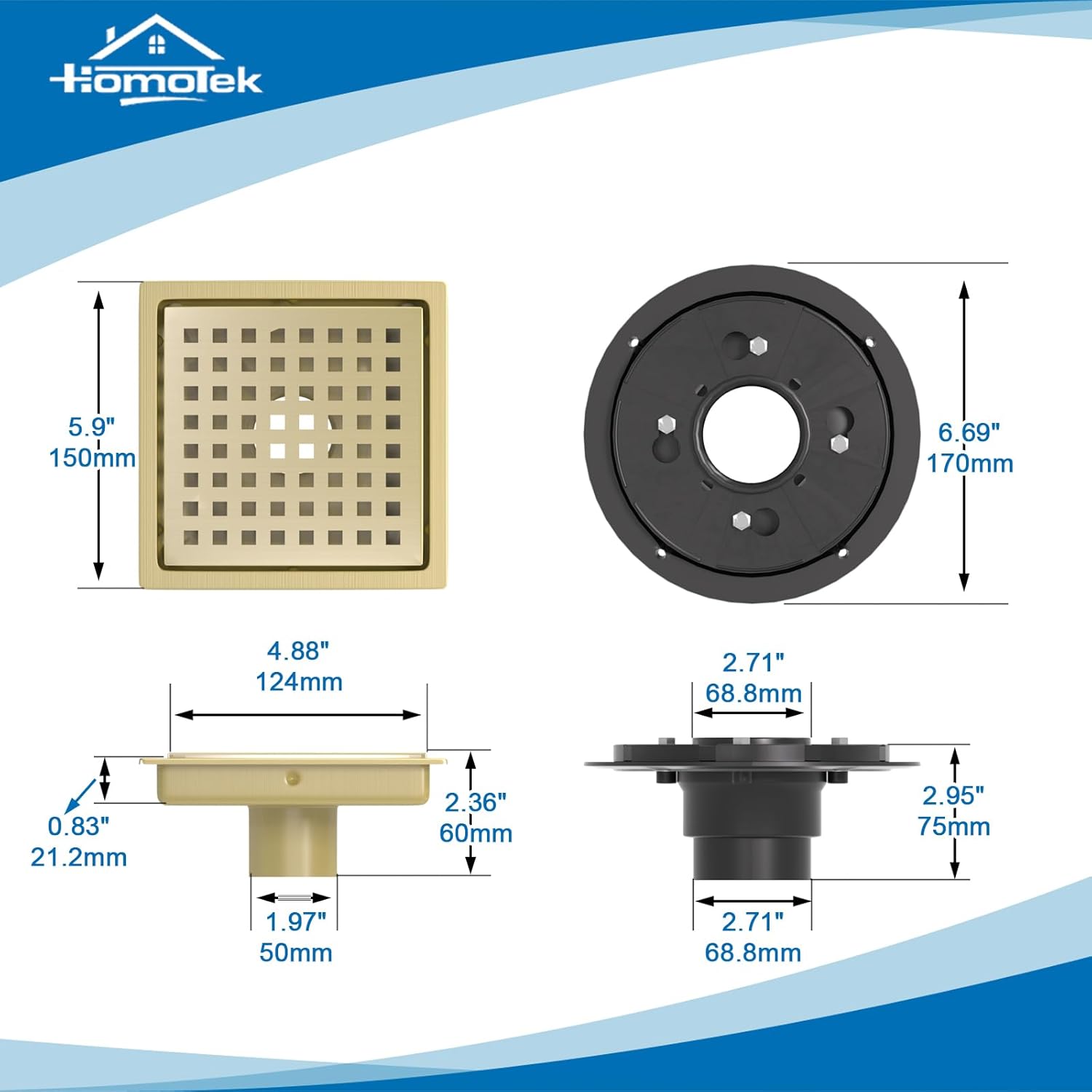 HOMOTEK 6 Inch Shower Drain Kit with Flange and Brushed Gold Strainer