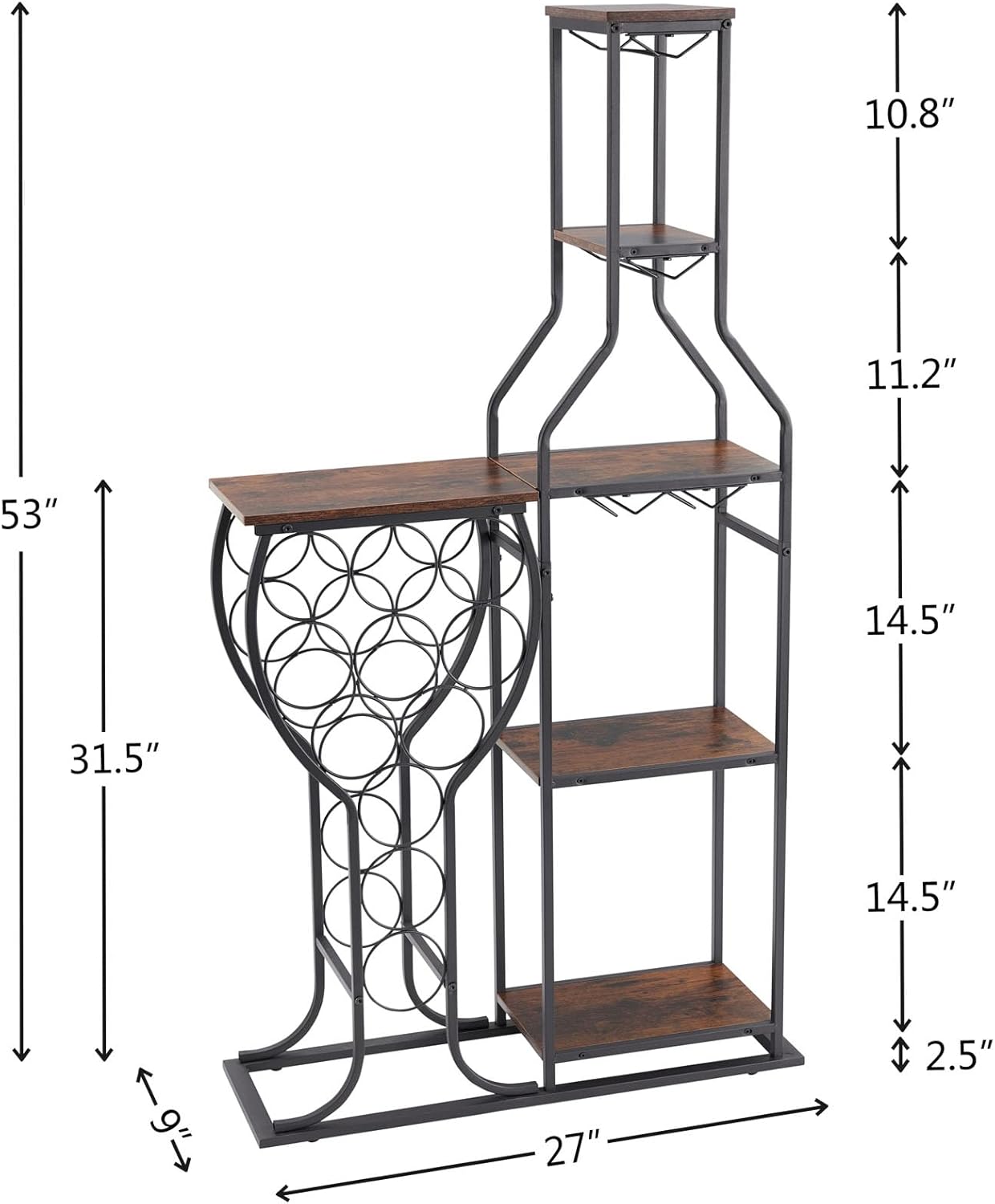 5 Tier Freestanding Wine Rack with 11 Bottle Capacity and Glasses Holder Brown