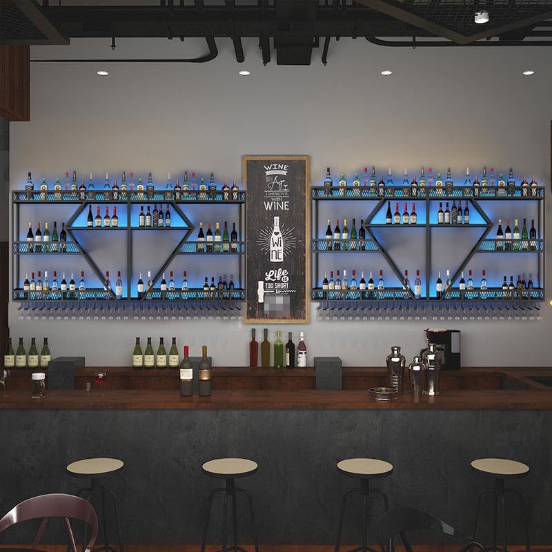 RAJYQODIS Wall-Mounted Wine Rack with Glass Holder 3-Tier Black Diamond Design