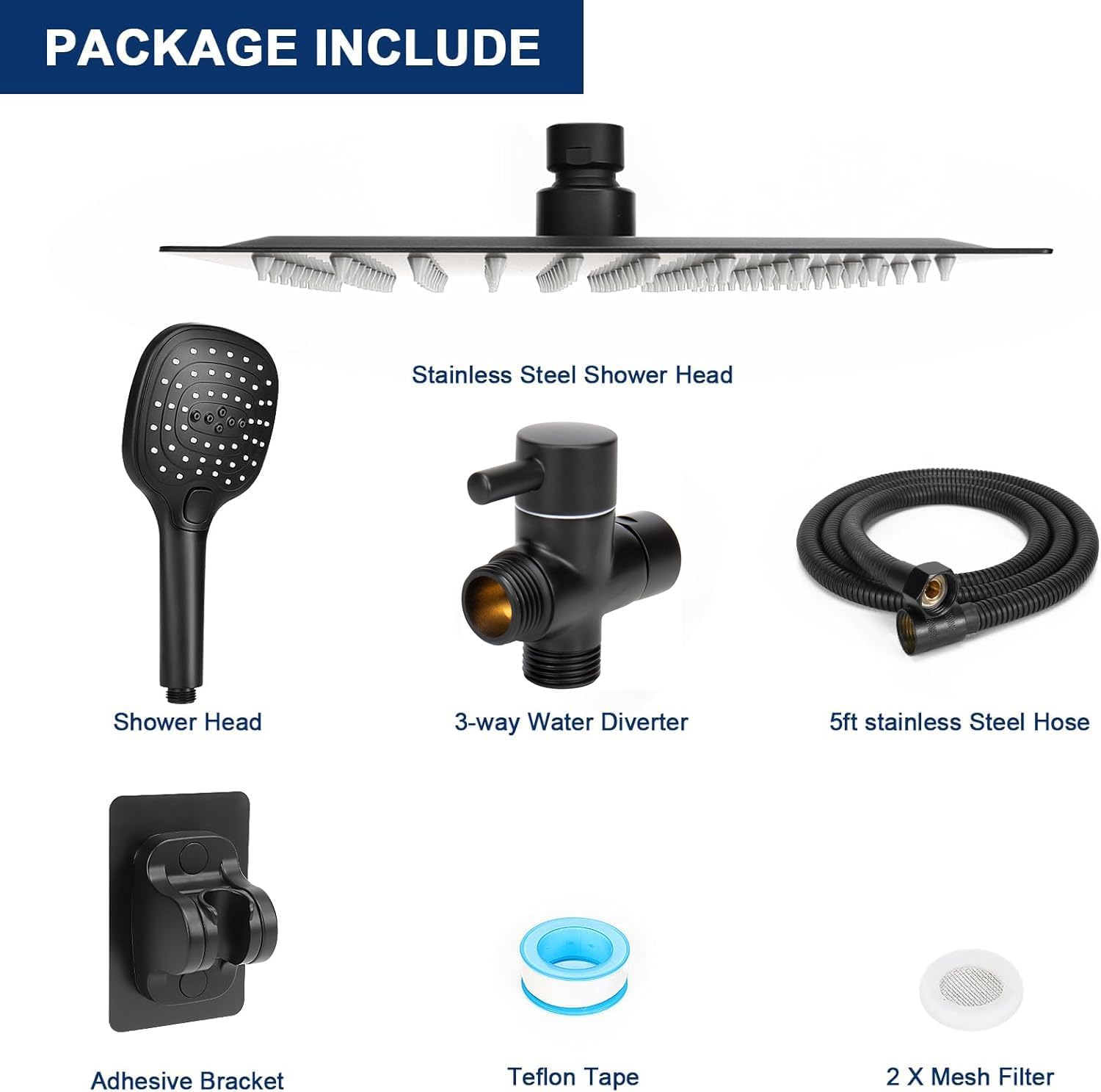NearMoon Shower Head with 3 Settings and 5ft Hose - Matte Black