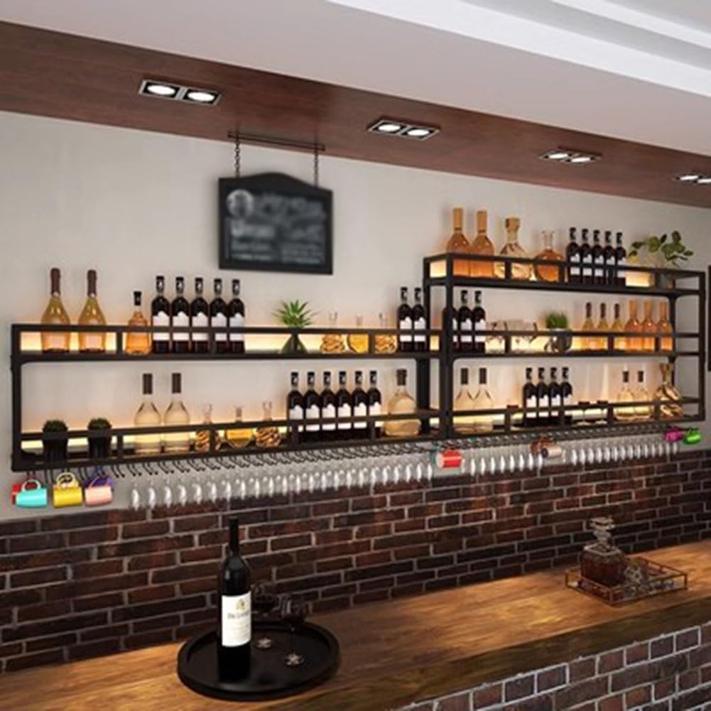 SilteD Wall-Mounted Wine Rack with LED Bar Shelves 80x25x90Cm Black