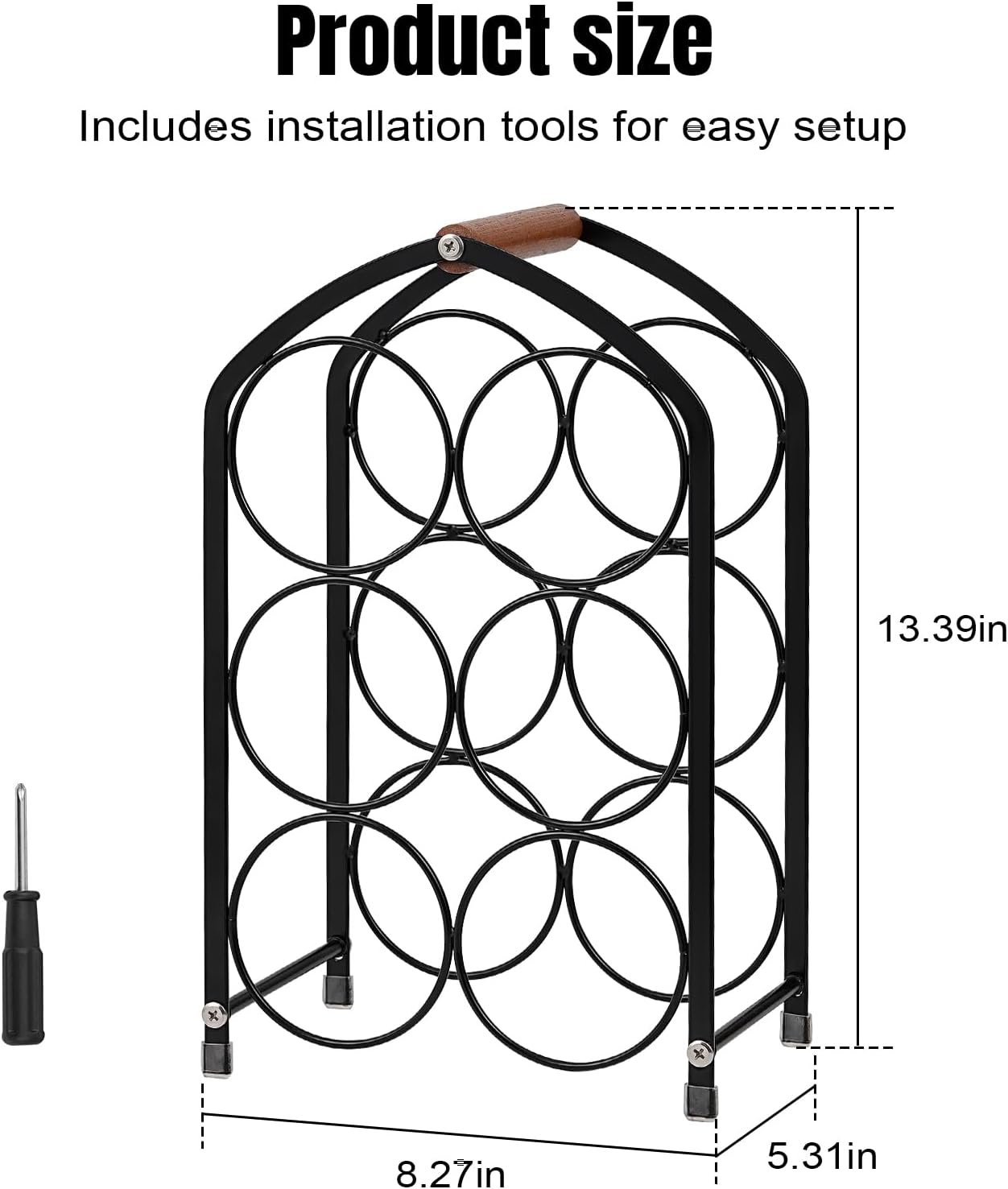 Tocemei 6-Bottle Tabletop Wine Rack with Wood Handle Arched Design Black