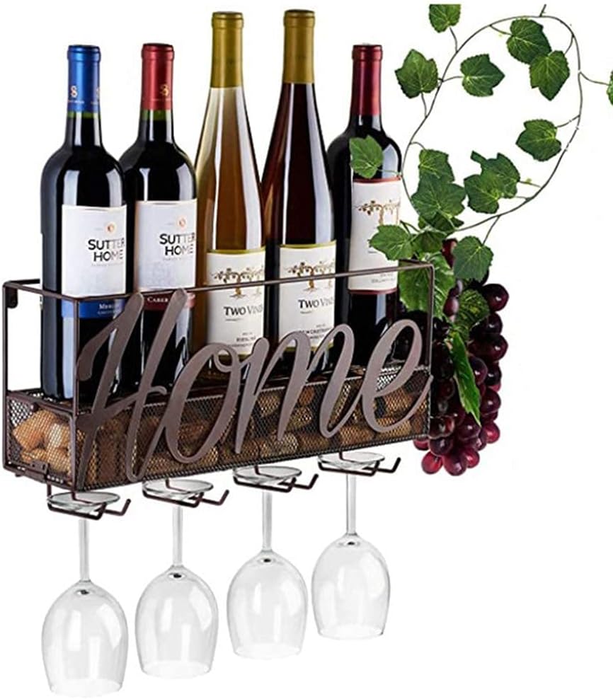 LASEVE Wall-Mounted Wine Rack 5 Bottles 4 Glasses