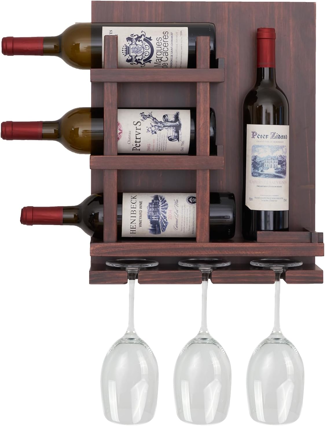 Wall-Mounted Wine Rack with Cup Holder and 4 Bottle Capacity