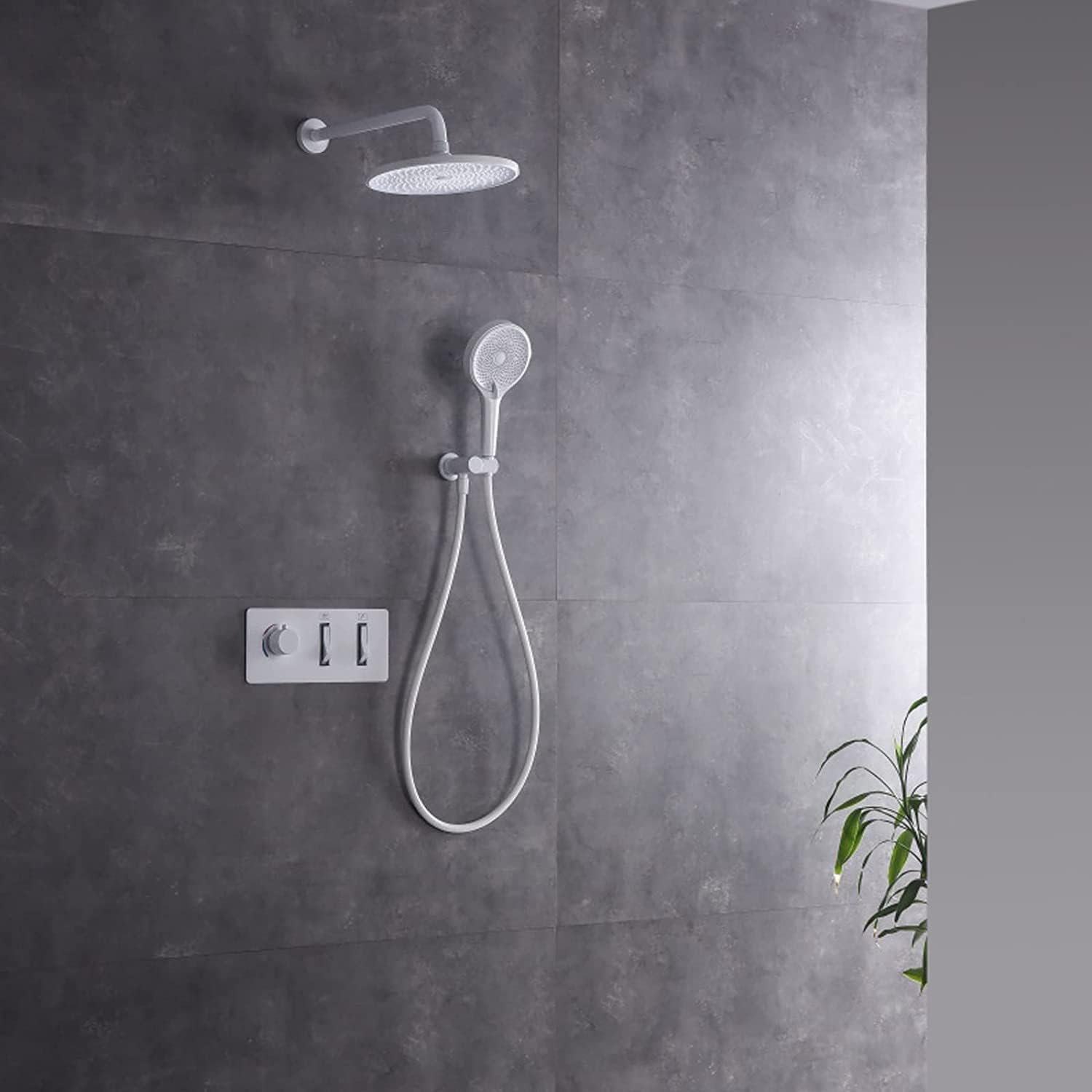 White Wall Mounted Shower System with Rain and Handheld Heads 1