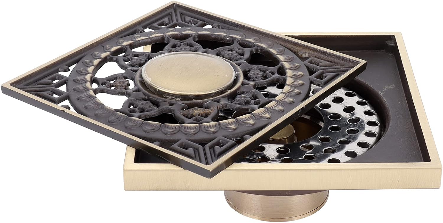 OUKENS 39x39in Square Art Carved Copper Brass Floor Drain Kit