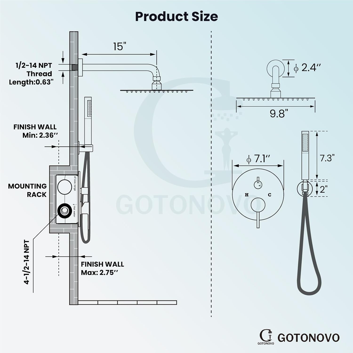gotonovo 10 Inch Round Rainfall Showerhead with Handheld Spray and Rough In Valve