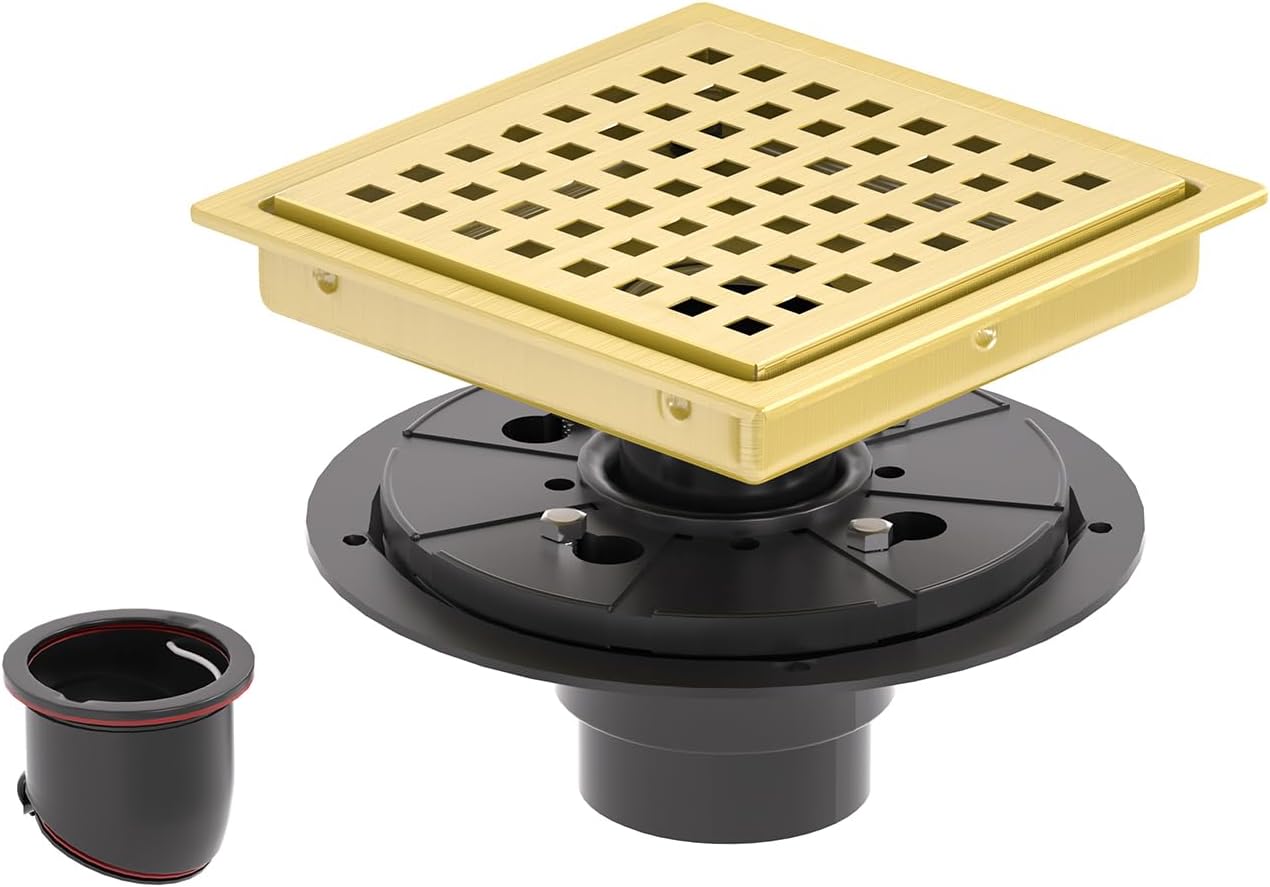 HOMOTEK 6 Inch Shower Drain Kit with Flange and Brushed Gold Strainer