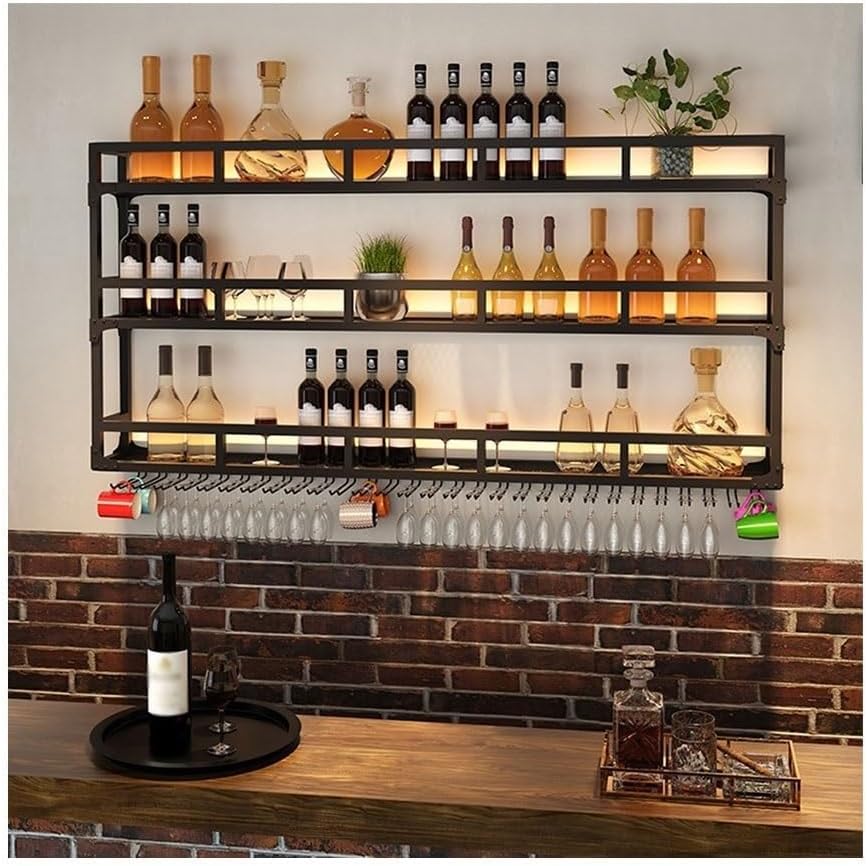 SilteD Wall-Mounted Wine Rack with LED Bar Shelves 80x25x90Cm Black