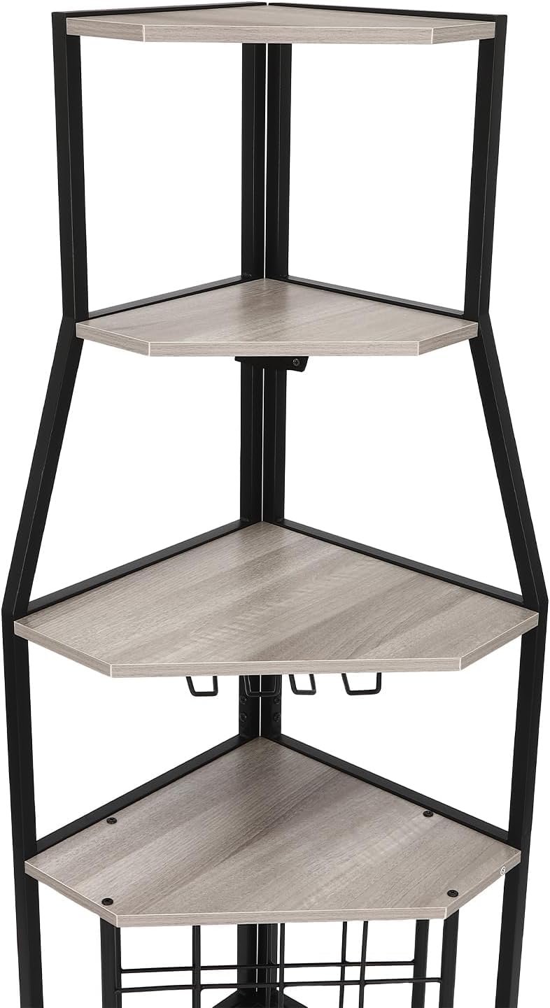 5-Tier Corner Wine Rack with Glass Holders Grey