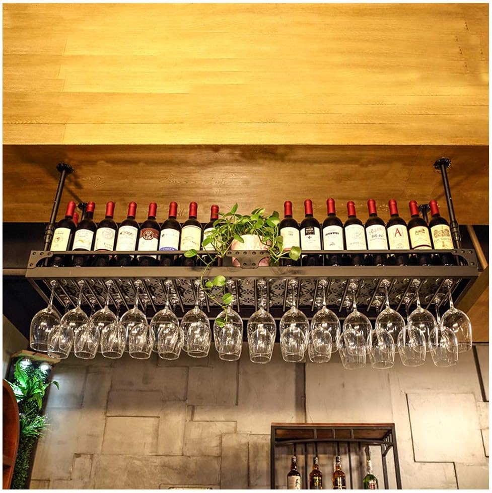 Retro Adjustable Ceiling Wine Rack with Crossbar Design